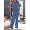 imagePRETTYGARDEN Womens 2026 Summer 2 Piece Matching Lounge Sets Short Sleeve Shirts Tops Wide Leg Pants Travel Airport OutfitsBlue