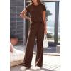 imagePRETTYGARDEN Womens 2026 Summer 2 Piece Matching Lounge Sets Short Sleeve Shirts Tops Wide Leg Pants Travel Airport OutfitsBrown