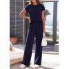 imagePRETTYGARDEN Womens 2026 Summer 2 Piece Matching Lounge Sets Short Sleeve Shirts Tops Wide Leg Pants Travel Airport OutfitsNavy Blue