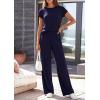 imagePRETTYGARDEN Womens 2026 Summer 2 Piece Matching Lounge Sets Short Sleeve Shirts Tops Wide Leg Pants Travel Airport OutfitsNavy Blue
