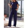 imagePRETTYGARDEN Womens 2026 Summer 2 Piece Matching Lounge Sets Short Sleeve Shirts Tops Wide Leg Pants Travel Airport OutfitsNavy Blue