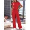 imagePRETTYGARDEN Womens 2026 Summer 2 Piece Matching Lounge Sets Short Sleeve Shirts Tops Wide Leg Pants Travel Airport OutfitsRed
