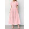 imagePRETTYGARDEN Womens Summer Maxi Dresses 2026 Casual Puff Sleeve V Neck Smocked Flowy Eyelet Cotton Dress Spring SundressPink