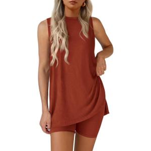 imagePRETTYGARDEN 2 Piece Sets for Women 2026 Summer Matching Lounge Shorts Set Resort Airport Travel Loungewear Outfits ClothingBrick Red