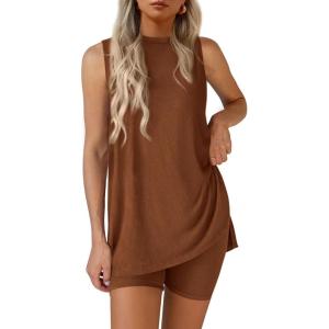 imagePRETTYGARDEN 2 Piece Sets for Women 2026 Summer Matching Lounge Shorts Set Resort Airport Travel Loungewear Outfits ClothingBrown