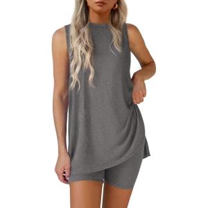 imagePRETTYGARDEN 2 Piece Sets for Women 2026 Summer Matching Lounge Shorts Set Resort Airport Travel Loungewear Outfits ClothingDark Grey