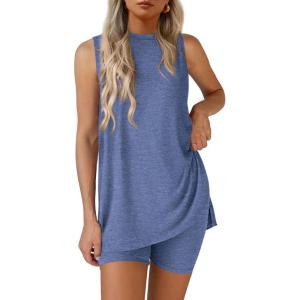 imagePRETTYGARDEN 2 Piece Sets for Women 2026 Summer Matching Lounge Shorts Set Resort Airport Travel Loungewear Outfits ClothingGrey Blue