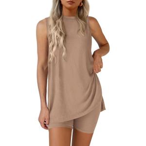imagePRETTYGARDEN 2 Piece Sets for Women 2026 Summer Matching Lounge Shorts Set Resort Airport Travel Loungewear Outfits ClothingKhaki
