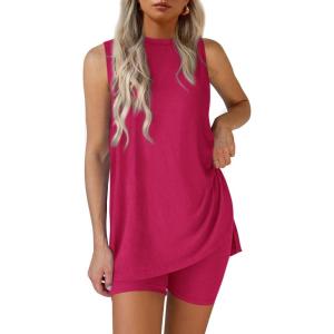 imagePRETTYGARDEN 2 Piece Sets for Women 2026 Summer Matching Lounge Shorts Set Resort Airport Travel Loungewear Outfits ClothingRose Red