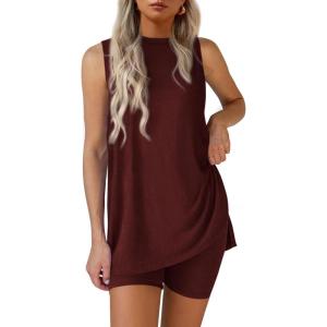 imagePRETTYGARDEN 2 Piece Sets for Women 2026 Summer Matching Lounge Shorts Set Resort Airport Travel Loungewear Outfits ClothingWine Red