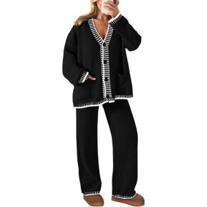 imagePRETTYGARDEN Lounge Sets for Women Fall 2026 Loungewear 2 Piece Outfits Cardigan Sweaters Track Suit Matching Winter ClothingBlack