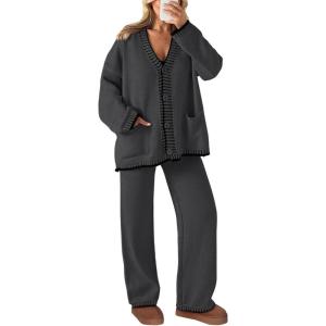 imagePRETTYGARDEN Lounge Sets for Women Fall 2026 Loungewear 2 Piece Outfits Cardigan Sweaters Track Suit Matching Winter ClothingDark Grey