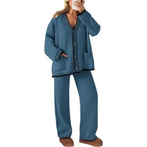 imagePRETTYGARDEN Lounge Sets for Women Fall 2026 Loungewear 2 Piece Outfits Cardigan Sweaters Track Suit Matching Winter ClothingGrey Blue