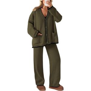 imagePRETTYGARDEN Lounge Sets for Women Fall 2026 Loungewear 2 Piece Outfits Cardigan Sweaters Track Suit Matching Winter ClothingKhaki Green