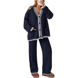 imagePRETTYGARDEN Lounge Sets for Women Fall 2026 Loungewear 2 Piece Outfits Cardigan Sweaters Track Suit Matching Winter ClothingNavy