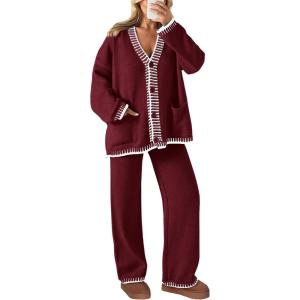imagePRETTYGARDEN Lounge Sets for Women Fall 2026 Loungewear 2 Piece Outfits Cardigan Sweaters Track Suit Matching Winter ClothingWine Red