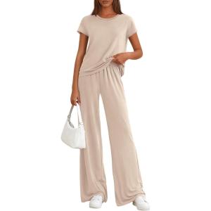 imagePRETTYGARDEN Womens 2026 Summer 2 Piece Matching Lounge Sets Short Sleeve Shirts Tops Wide Leg Pants Travel Airport OutfitsBeige
