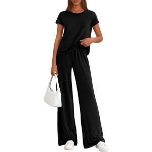 imagePRETTYGARDEN Womens 2026 Summer 2 Piece Matching Lounge Sets Short Sleeve Shirts Tops Wide Leg Pants Travel Airport OutfitsBlack