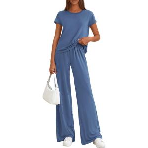 imagePRETTYGARDEN Womens 2026 Summer 2 Piece Matching Lounge Sets Short Sleeve Shirts Tops Wide Leg Pants Travel Airport OutfitsBlue
