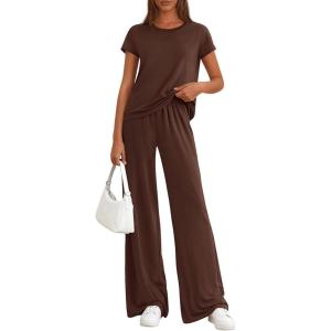 imagePRETTYGARDEN Womens 2026 Summer 2 Piece Matching Lounge Sets Short Sleeve Shirts Tops Wide Leg Pants Travel Airport OutfitsBrown
