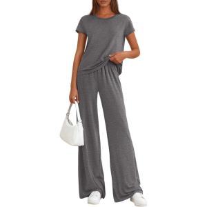 imagePRETTYGARDEN Womens 2026 Summer 2 Piece Matching Lounge Sets Short Sleeve Shirts Tops Wide Leg Pants Travel Airport OutfitsDark Grey