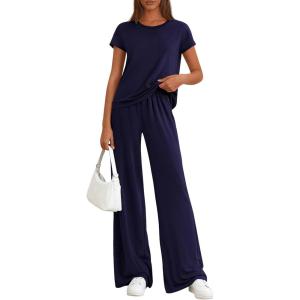 imagePRETTYGARDEN Womens 2026 Summer 2 Piece Matching Lounge Sets Short Sleeve Shirts Tops Wide Leg Pants Travel Airport OutfitsNavy Blue