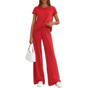 imagePRETTYGARDEN Womens 2026 Summer 2 Piece Matching Lounge Sets Short Sleeve Shirts Tops Wide Leg Pants Travel Airport OutfitsRed