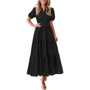 imagePRETTYGARDEN Womens Summer Maxi Dresses 2026 Casual Puff Sleeve V Neck Smocked Flowy Eyelet Cotton Dress Spring SundressBlack