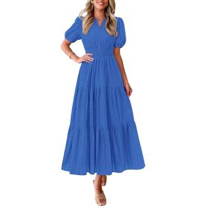 imagePRETTYGARDEN Womens Summer Maxi Dresses 2026 Casual Puff Sleeve V Neck Smocked Flowy Eyelet Cotton Dress Spring SundressBlue