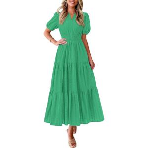 imagePRETTYGARDEN Womens Summer Maxi Dresses 2026 Casual Puff Sleeve V Neck Smocked Flowy Eyelet Cotton Dress Spring SundressGreen