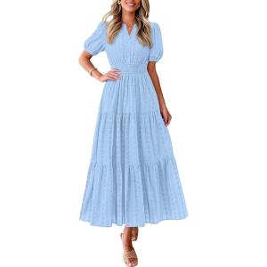 imagePRETTYGARDEN Womens Summer Maxi Dresses 2026 Casual Puff Sleeve V Neck Smocked Flowy Eyelet Cotton Dress Spring SundressLight Blue