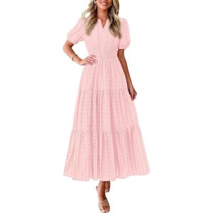 imagePRETTYGARDEN Womens Summer Maxi Dresses 2026 Casual Puff Sleeve V Neck Smocked Flowy Eyelet Cotton Dress Spring SundressPink