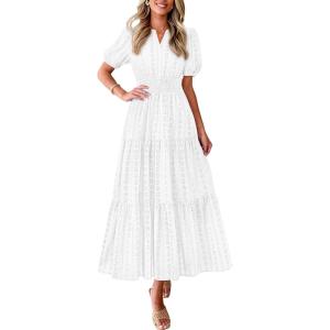 imagePRETTYGARDEN Womens Summer Maxi Dresses 2026 Casual Puff Sleeve V Neck Smocked Flowy Eyelet Cotton Dress Spring SundressWhite