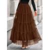 imagePRETTYGARDEN Tulle Skirts for Women 2026 Spring Fashion Elastic High Waisted Tiered Flowy Fairy ALine Casual Maxi Long SkirtBrown