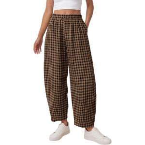 imagePRETTYGARDEN Plaid Barrel Pants Women Summer 2026 Casual Loose Wide Leg Lounge Gingham Trousers Spring Fashion Beach BottomsBlack Khaki Plaid