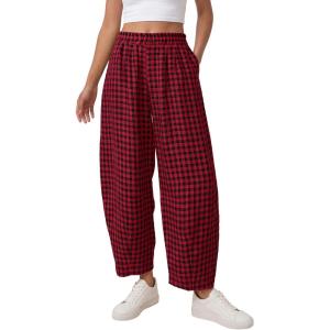 imagePRETTYGARDEN Plaid Barrel Pants Women Summer 2026 Casual Loose Wide Leg Lounge Gingham Trousers Spring Fashion Beach BottomsBlack Red Plaid