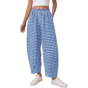 imagePRETTYGARDEN Plaid Barrel Pants Women Summer 2026 Casual Loose Wide Leg Lounge Gingham Trousers Spring Fashion Beach BottomsBlue Plaid