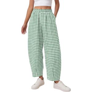 imagePRETTYGARDEN Plaid Barrel Pants Women Summer 2026 Casual Loose Wide Leg Lounge Gingham Trousers Spring Fashion Beach BottomsGreen Plaid