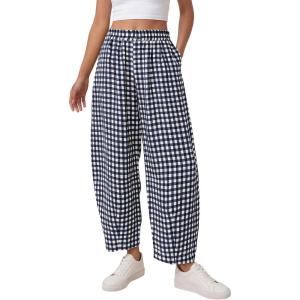 imagePRETTYGARDEN Plaid Barrel Pants Women Summer 2026 Casual Loose Wide Leg Lounge Gingham Trousers Spring Fashion Beach BottomsNavy Blue Plaid