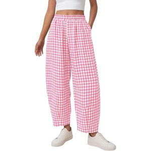 imagePRETTYGARDEN Plaid Barrel Pants Women Summer 2026 Casual Loose Wide Leg Lounge Gingham Trousers Spring Fashion Beach BottomsPink Plaid