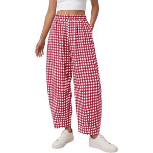imagePRETTYGARDEN Plaid Barrel Pants Women Summer 2026 Casual Loose Wide Leg Lounge Gingham Trousers Spring Fashion Beach BottomsRed Plaid