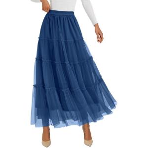 imagePRETTYGARDEN Tulle Skirts for Women 2026 Spring Fashion Elastic High Waisted Tiered Flowy Fairy ALine Casual Maxi Long SkirtBlue