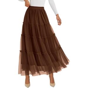 imagePRETTYGARDEN Tulle Skirts for Women 2026 Spring Fashion Elastic High Waisted Tiered Flowy Fairy ALine Casual Maxi Long SkirtBrown
