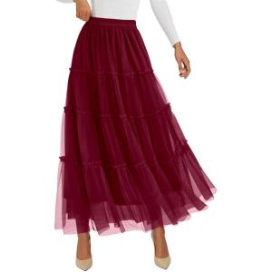 imagePRETTYGARDEN Tulle Skirts for Women 2026 Spring Fashion Elastic High Waisted Tiered Flowy Fairy ALine Casual Maxi Long SkirtBurgundy