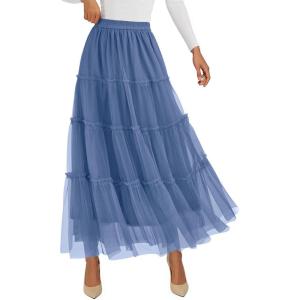 imagePRETTYGARDEN Tulle Skirts for Women 2026 Spring Fashion Elastic High Waisted Tiered Flowy Fairy ALine Casual Maxi Long SkirtGrey Blue