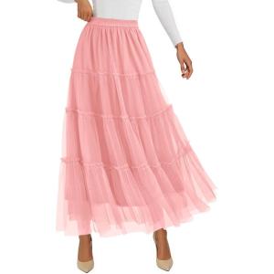 imagePRETTYGARDEN Tulle Skirts for Women 2026 Spring Fashion Elastic High Waisted Tiered Flowy Fairy ALine Casual Maxi Long SkirtLight Pink