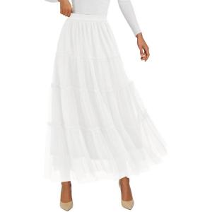 imagePRETTYGARDEN Tulle Skirts for Women 2026 Spring Fashion Elastic High Waisted Tiered Flowy Fairy ALine Casual Maxi Long SkirtWhite