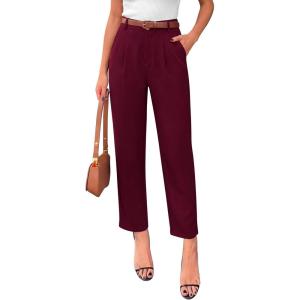 imagePRETTYGARDEN Womens Dress Pants Summer 2026 Work Clothes Tapered High Waisted Trousers Slacks Pockets Business Casual OutfitsBurgundy