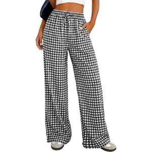 imagePRETTYGARDEN Womens Wide Leg Gingham Lounge Pants Summer 2026 Casual Plaid Trousers Spring Y2K Clothes Comfy Pajama BottomsBlack Plaid
