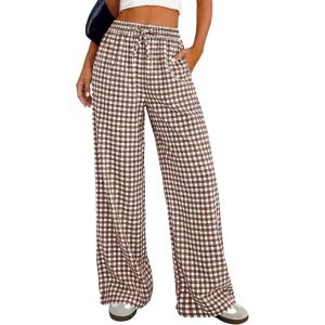 imagePRETTYGARDEN Womens Wide Leg Gingham Lounge Pants Summer 2026 Casual Plaid Trousers Spring Y2K Clothes Comfy Pajama BottomsBrown Plaid